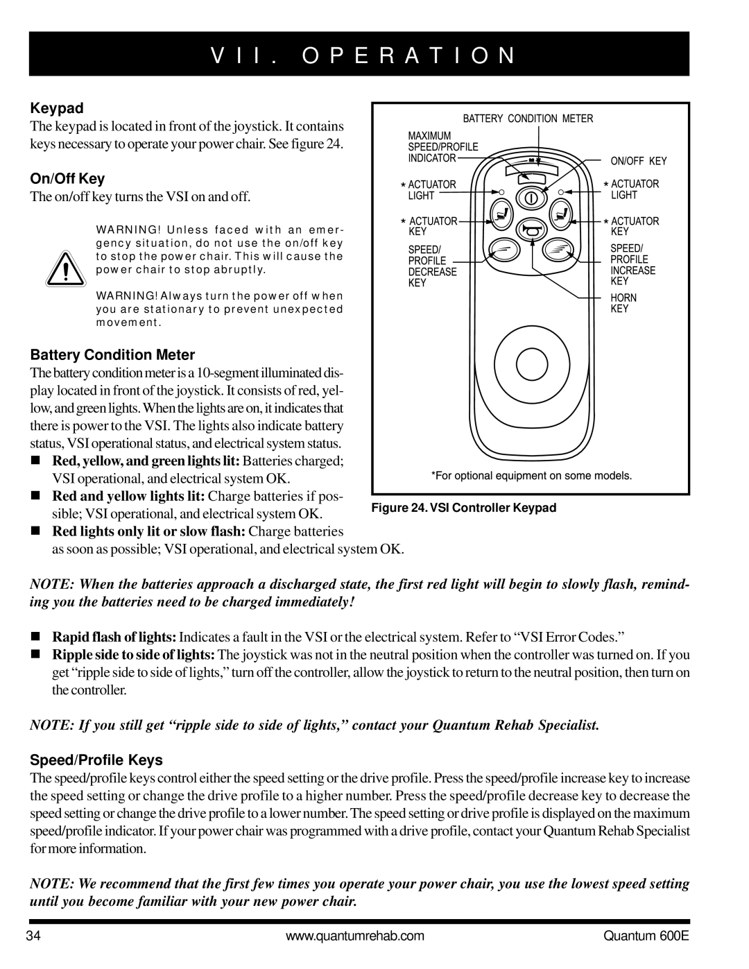 Pride Mobility QUANTUM 600E owner manual Keypad, On/Off Key, Battery Condition Meter, Speed/Profile Keys 