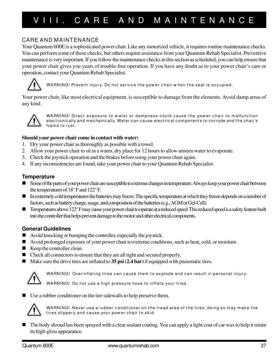 Pride Mobility QUANTUM 600E owner manual I I . C a R E a N D M a I N T E N a N C E, Care and Maintenance, Temperature 