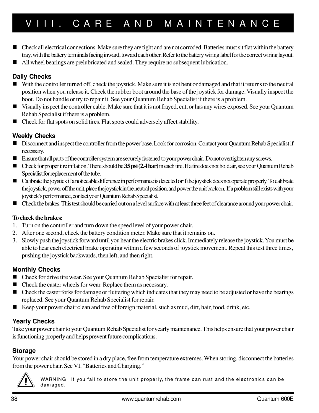 Pride Mobility QUANTUM 600E owner manual Daily Checks, Weekly Checks, Monthly Checks, Yearly Checks, Storage 