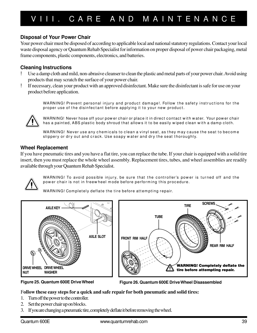 Pride Mobility QUANTUM 600E owner manual Disposal of Your Power Chair, Cleaning Instructions, Wheel Replacement 