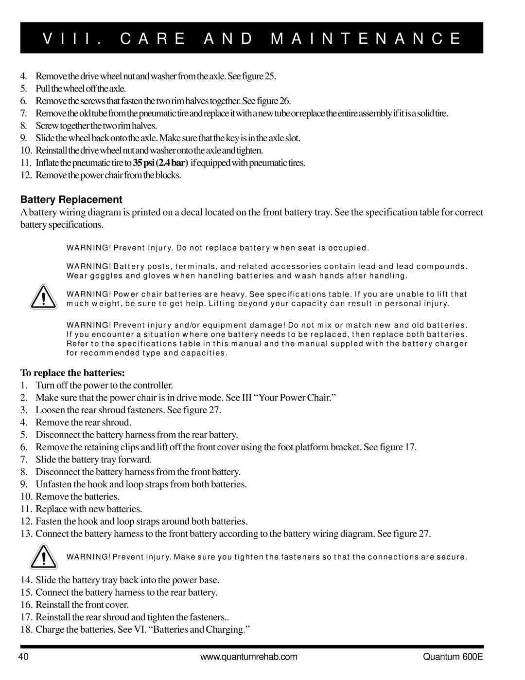 Pride Mobility QUANTUM 600E owner manual Battery Replacement, To replace the batteries 