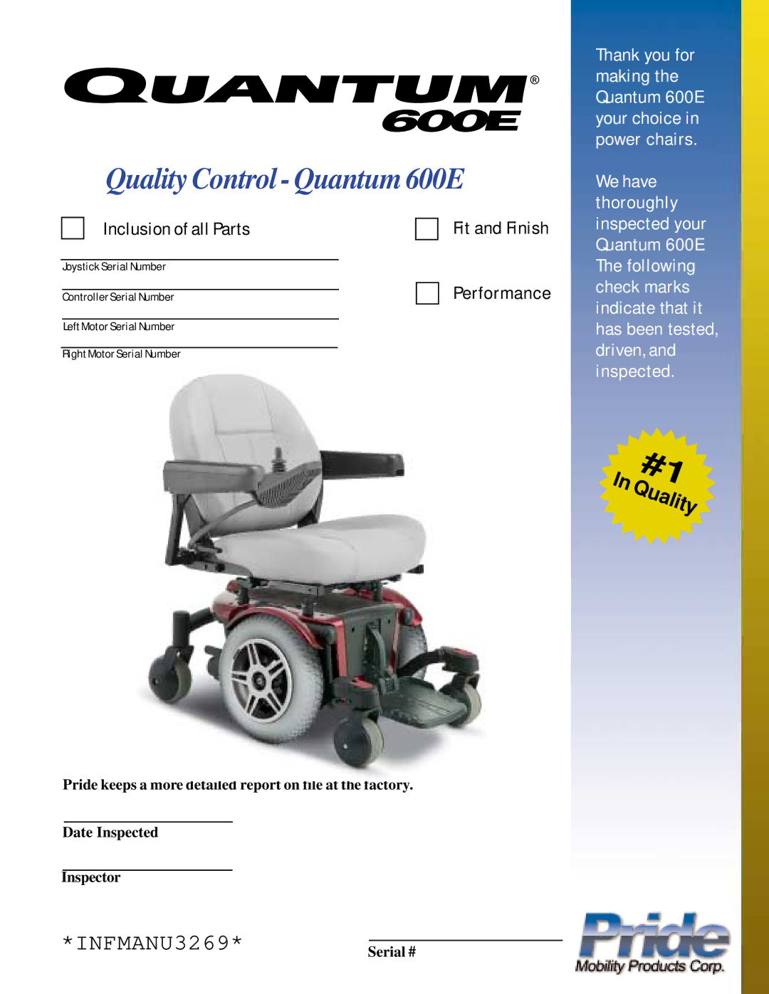 Pride Mobility QUANTUM 600E owner manual Quality Control Quantum 600E 