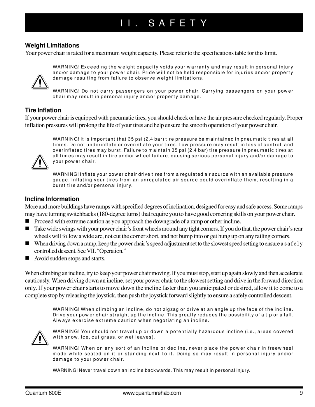 Pride Mobility QUANTUM 600E owner manual Weight Limitations, Tire Inflation, Incline Information 