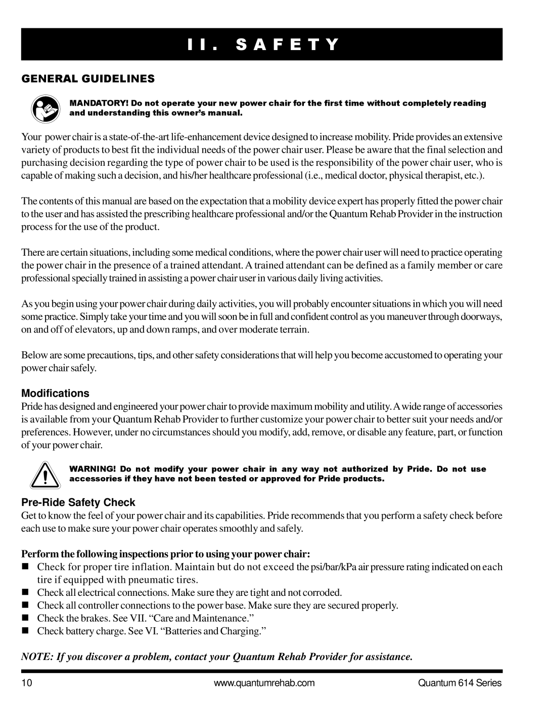 Pride Mobility Quantum 614 3MP, Quantum 614 3SP manual General Guidelines, Modifications, Pre-Ride Safety Check 