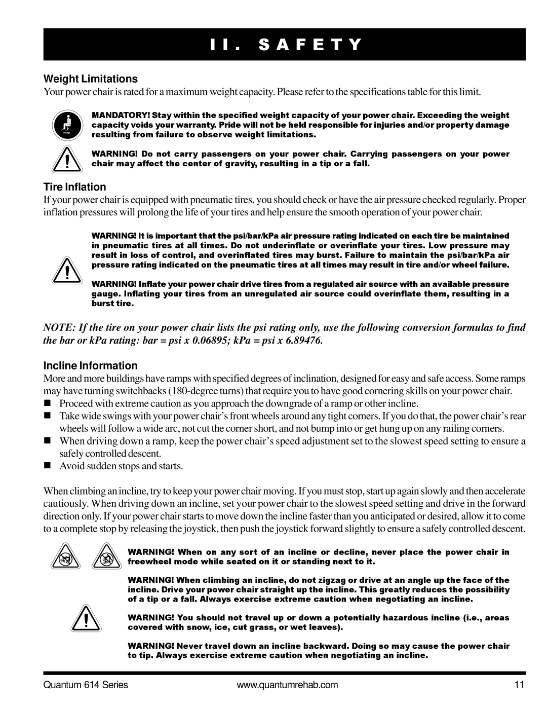 Pride Mobility Quantum 614 3SP, Quantum 614 3MP manual Weight Limitations, Tire Inflation, Incline Information 