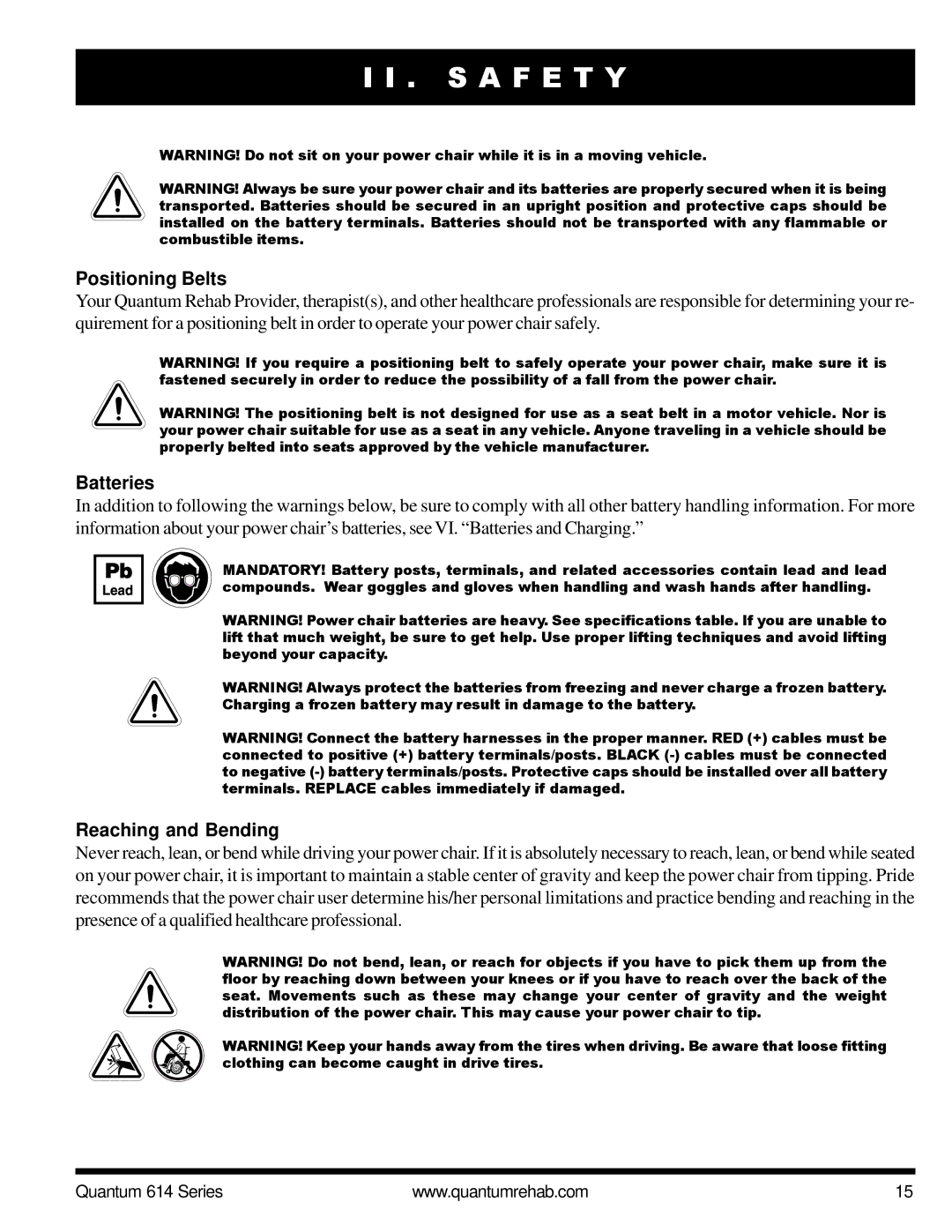Pride Mobility Quantum 614 3SP, Quantum 614 3MP manual Positioning Belts, Batteries, Reaching and Bending 
