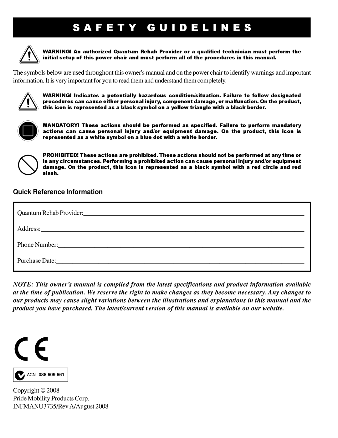 Pride Mobility Quantum 614 3MP, Quantum 614 3SP manual F E T Y G U I D E L I N E S, Quick Reference Information 