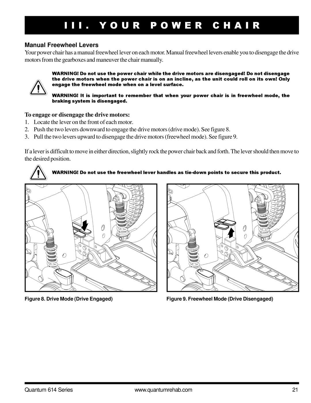 Pride Mobility Quantum 614 3SP, Quantum 614 3MP manual Manual Freewheel Levers, To engage or disengage the drive motors 