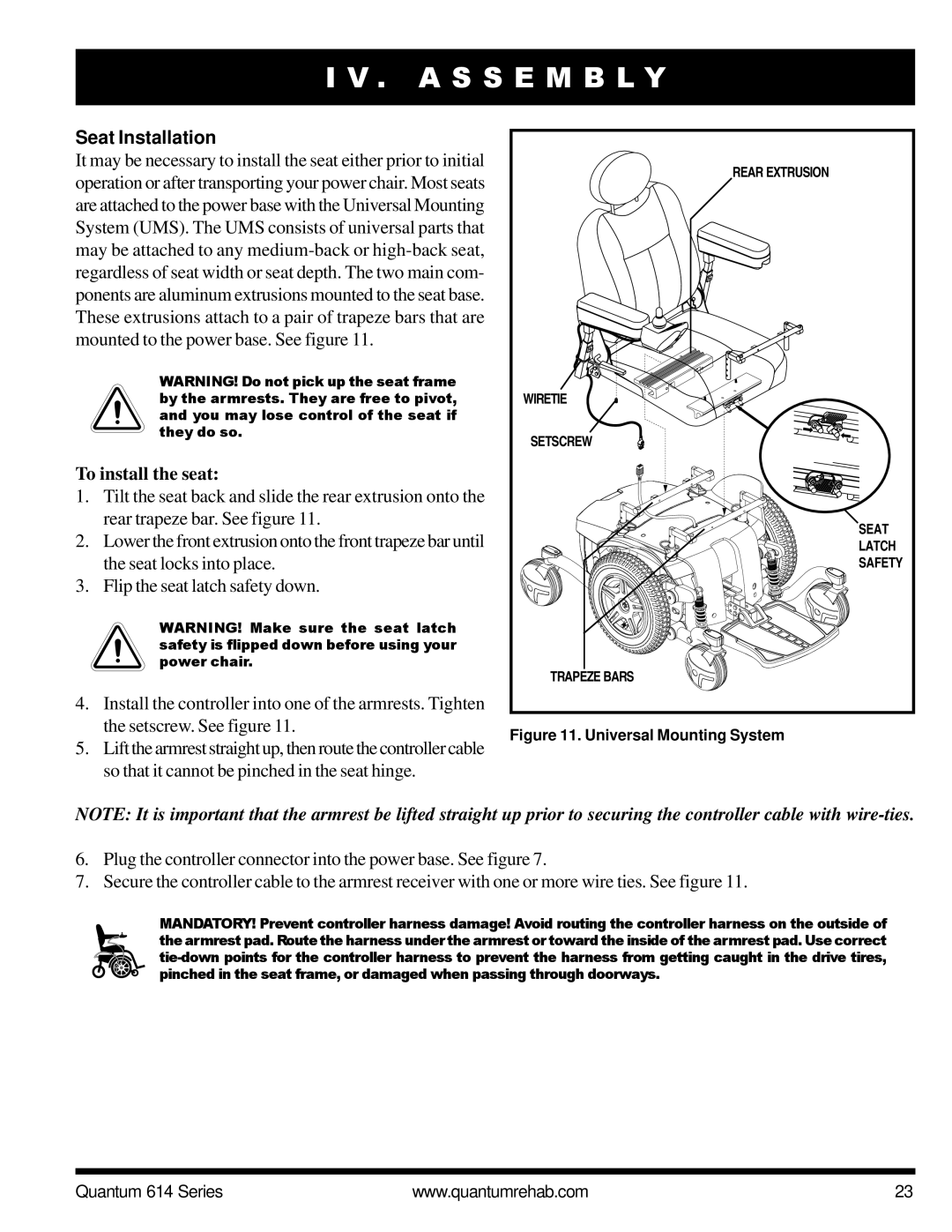 Pride Mobility Quantum 614 3SP, Quantum 614 3MP manual Seat Installation, To install the seat 