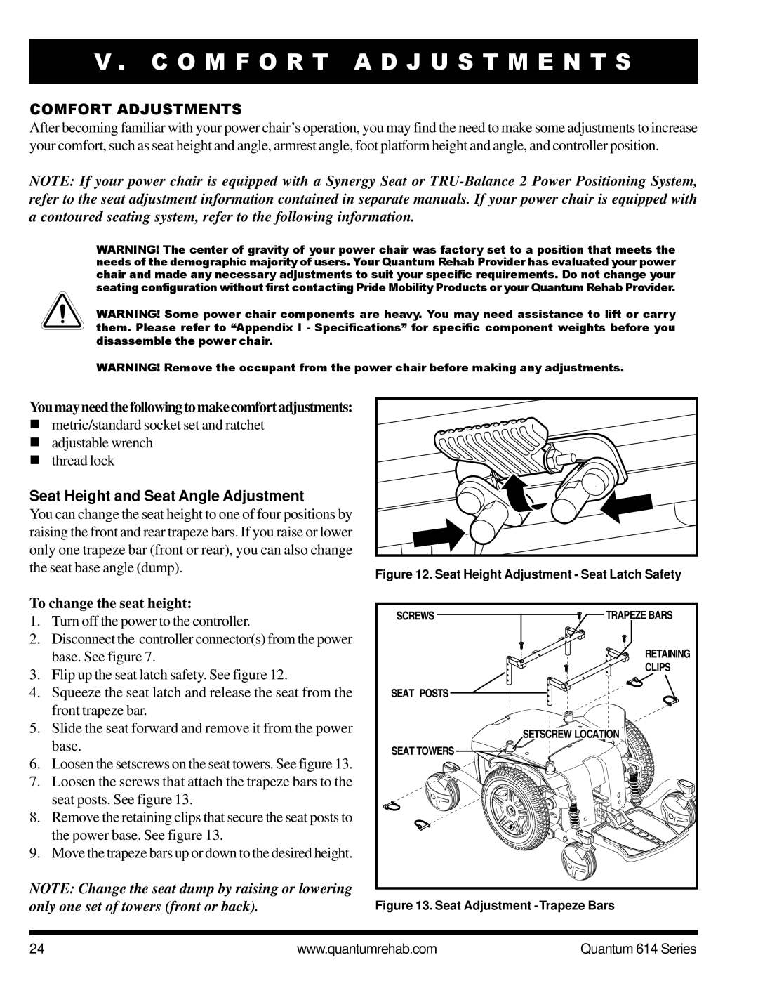 Pride Mobility Quantum 614 3S manual O M F O R T a D J U S T M E N T S, Comfort Adjustments, To change the seat height 