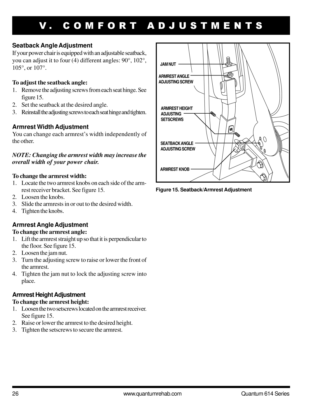 Pride Mobility Quantum 614 3MP manual Seatback Angle Adjustment, Armrest Width Adjustment, Armrest Angle Adjustment 