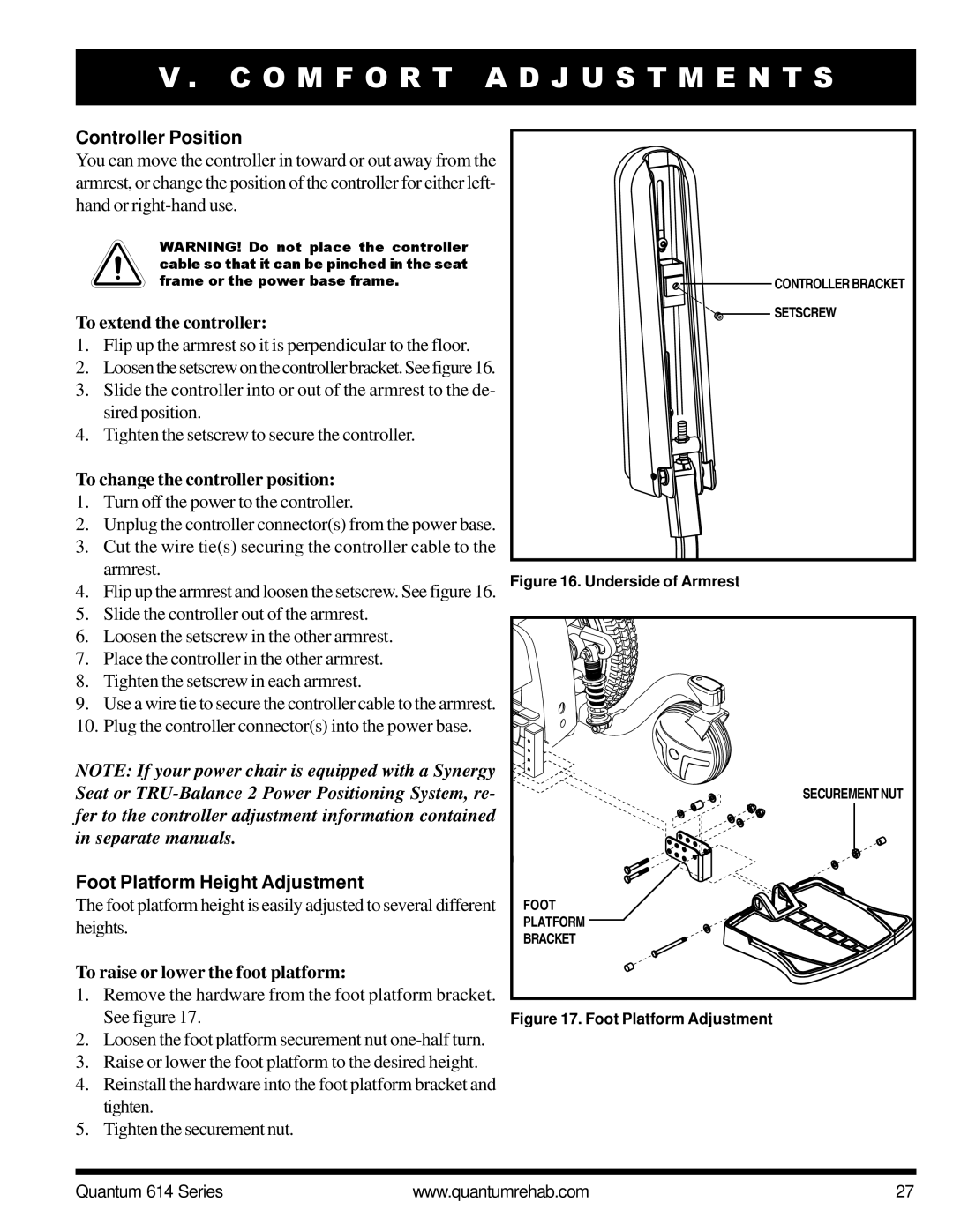 Pride Mobility Quantum 614 manual Controller Position, To extend the controller, To change the controller position 