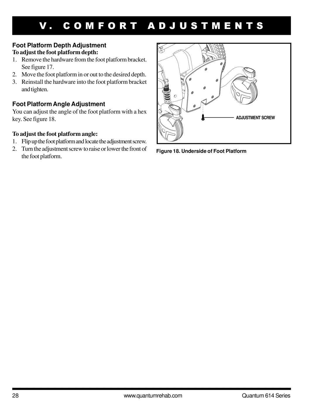 Pride Mobility Quantum 614 3SP, Quantum 614 3MP manual Foot Platform Depth Adjustment, To adjust the foot platform depth 