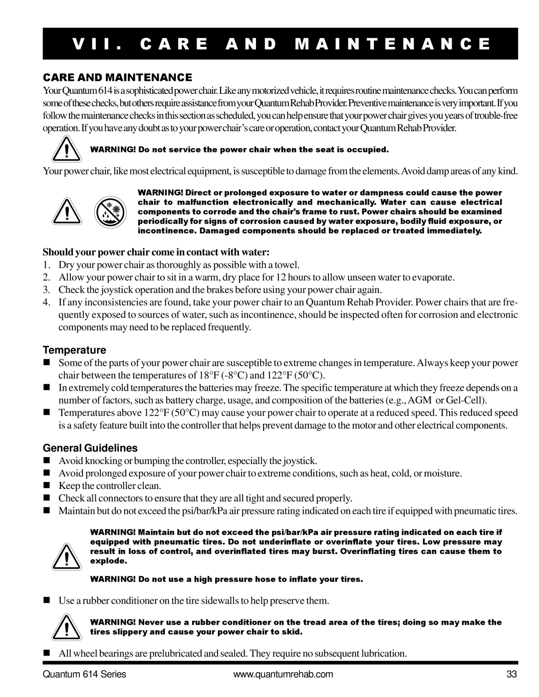 Pride Mobility Quantum 614 3SP, Quantum 614 3MP I . C a R E a N D M a I N T E N a N C E, Care and Maintenance, Temperature 