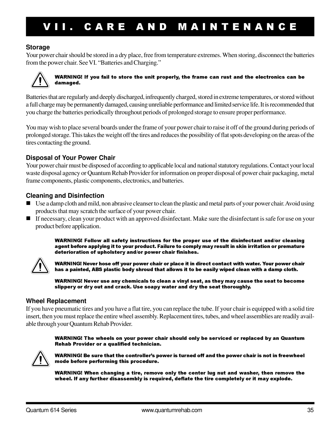 Pride Mobility Quantum 614 manual Storage, Disposal of Your Power Chair, Cleaning and Disinfection, Wheel Replacement 