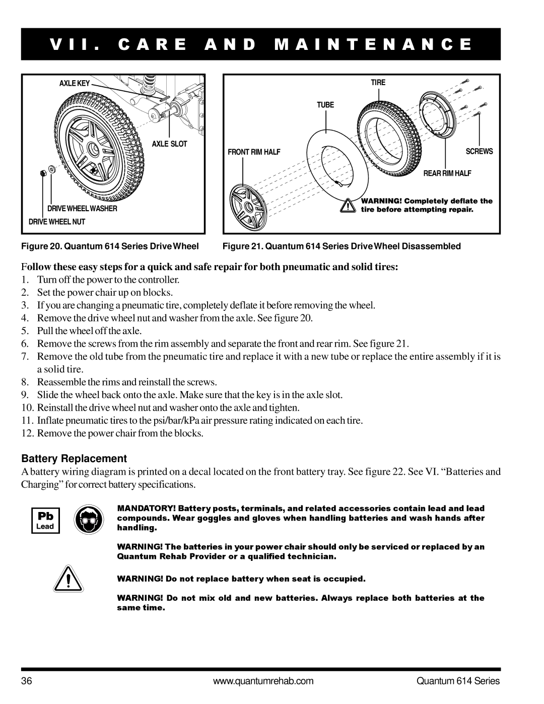 Pride Mobility Quantum 614 3SP, Quantum 614 3MP manual I . C a R E a N D M a I N T E N a N C E, Battery Replacement 