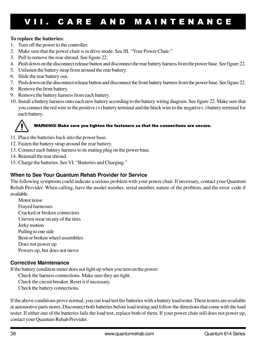 Pride Mobility Quantum 614 3MP manual To replace the batteries, When to See Your Quantum Rehab Provider for Service 