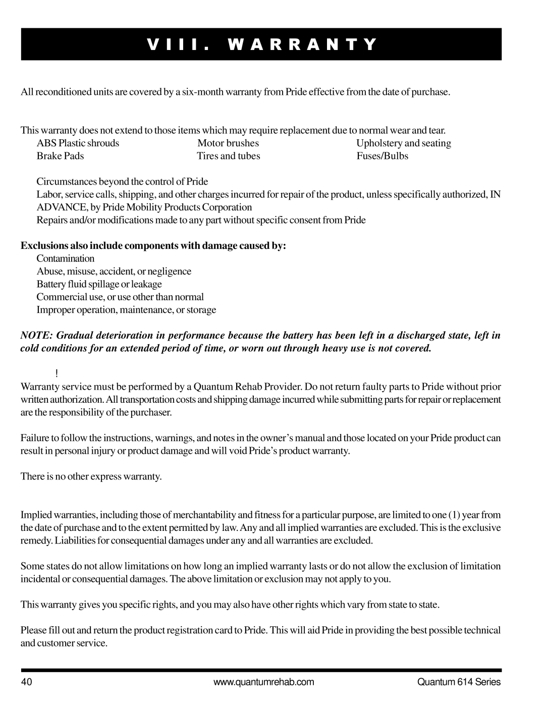 Pride Mobility Quantum 614 3S manual Reconditioned Units Warranty, Warranty Exclusions, Service Checks and Warranty Service 
