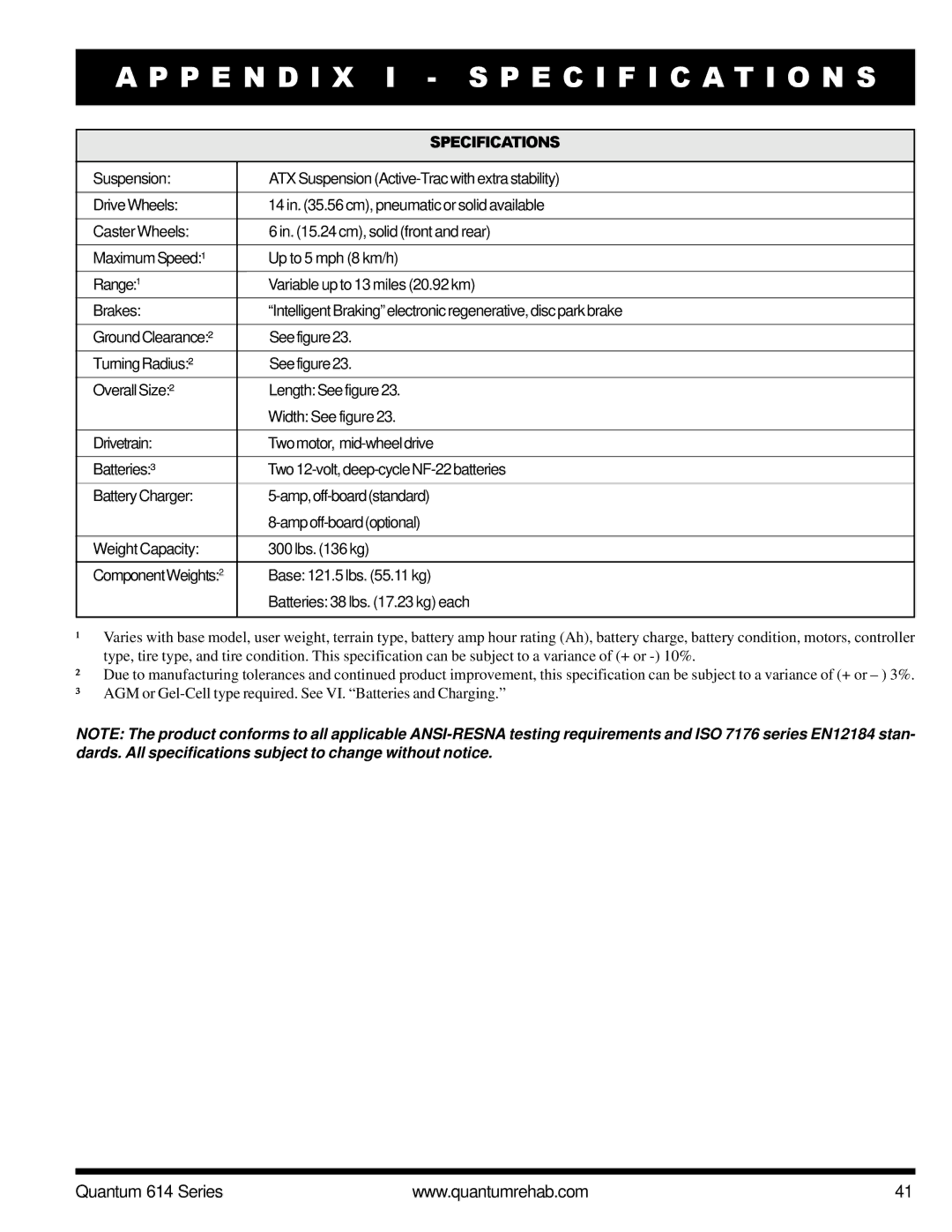 Pride Mobility Quantum 614 3SP, Quantum 614 3MP manual P E N D I X I Specification S, Specifications 