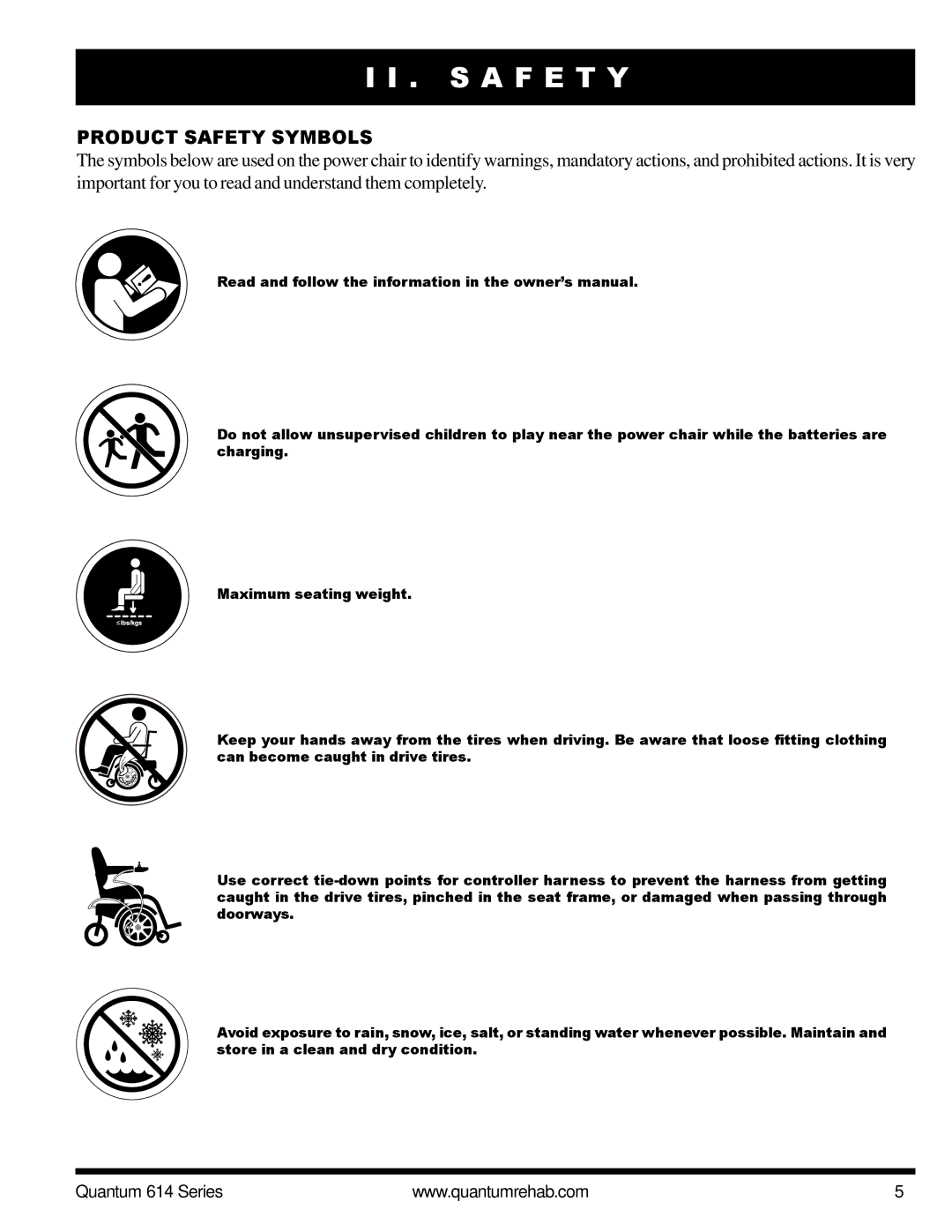 Pride Mobility Quantum 614 3SP, Quantum 614 3MP manual S a F E T Y, Product Safety Symbols 