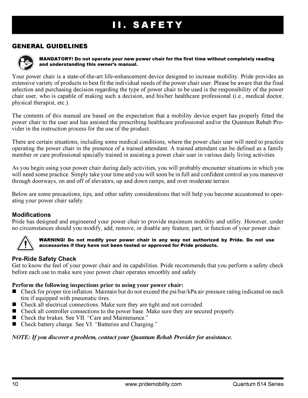 Pride Mobility 614 3MP, Quantum 614, 614 3SP manual General Guidelines, Modifications, Pre-Ride Safety Check 