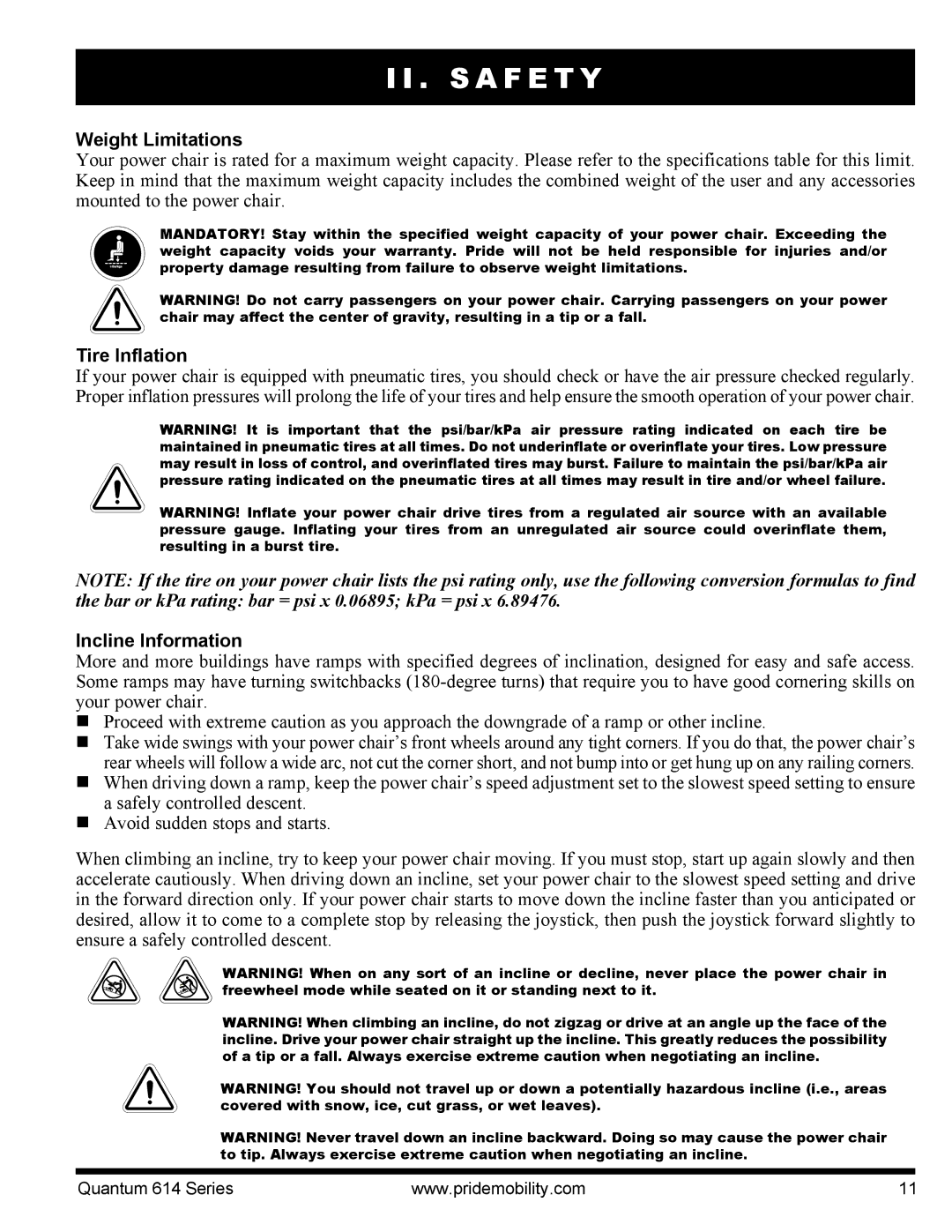 Pride Mobility 614 3SP, Quantum 614, 614 3MP manual Weight Limitations, Tire Inflation, Incline Information 