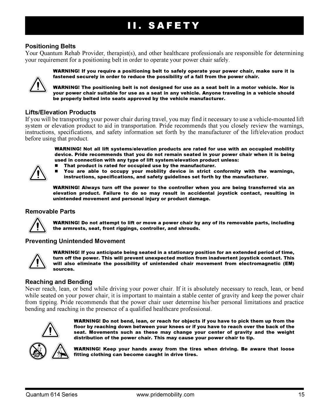 Pride Mobility 614 3SP, Quantum 614, 614 3MP manual Positioning Belts, Lifts/Elevation Products 