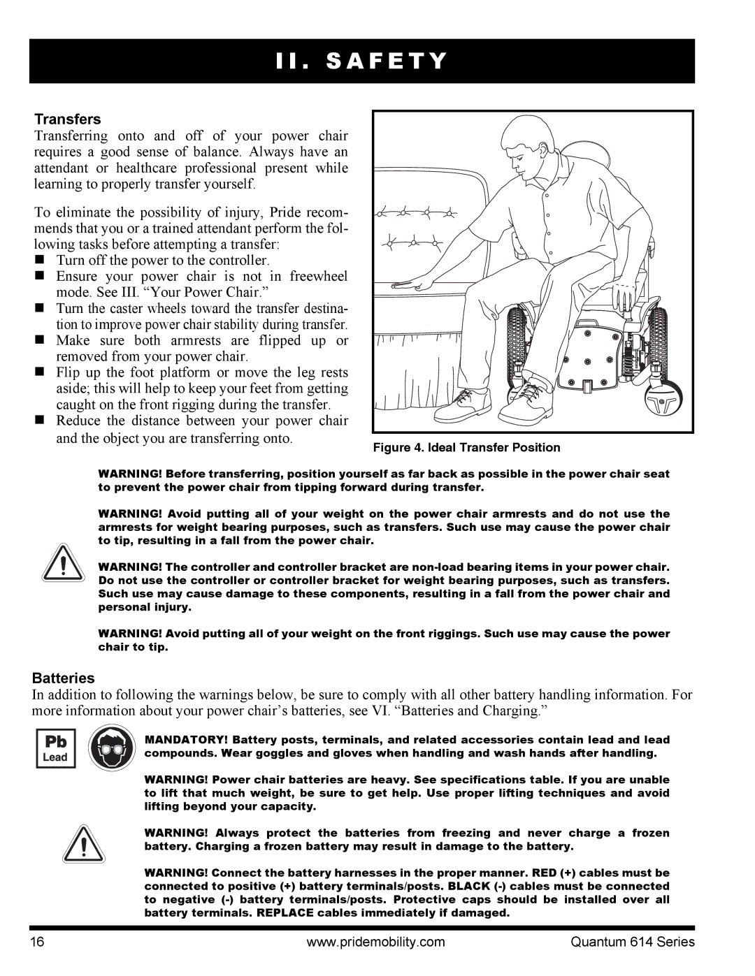 Pride Mobility Quantum 614, 614 3MP, 614 3SP manual Transfers, Batteries 