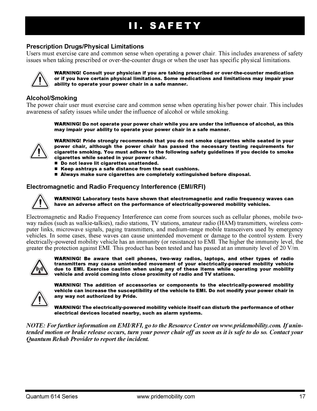 Pride Mobility Quantum 614, 614 3MP, 614 3SP manual Prescription Drugs/Physical Limitations, Alcohol/Smoking 