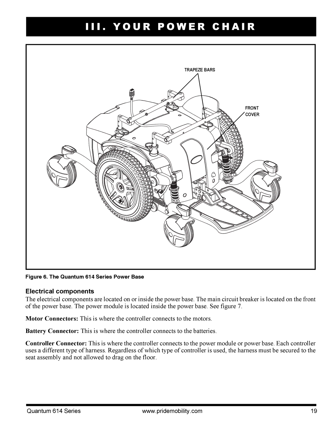 Pride Mobility 614 3SP, 614 3MP manual Electrical components, Quantum 614 Series Power Base 