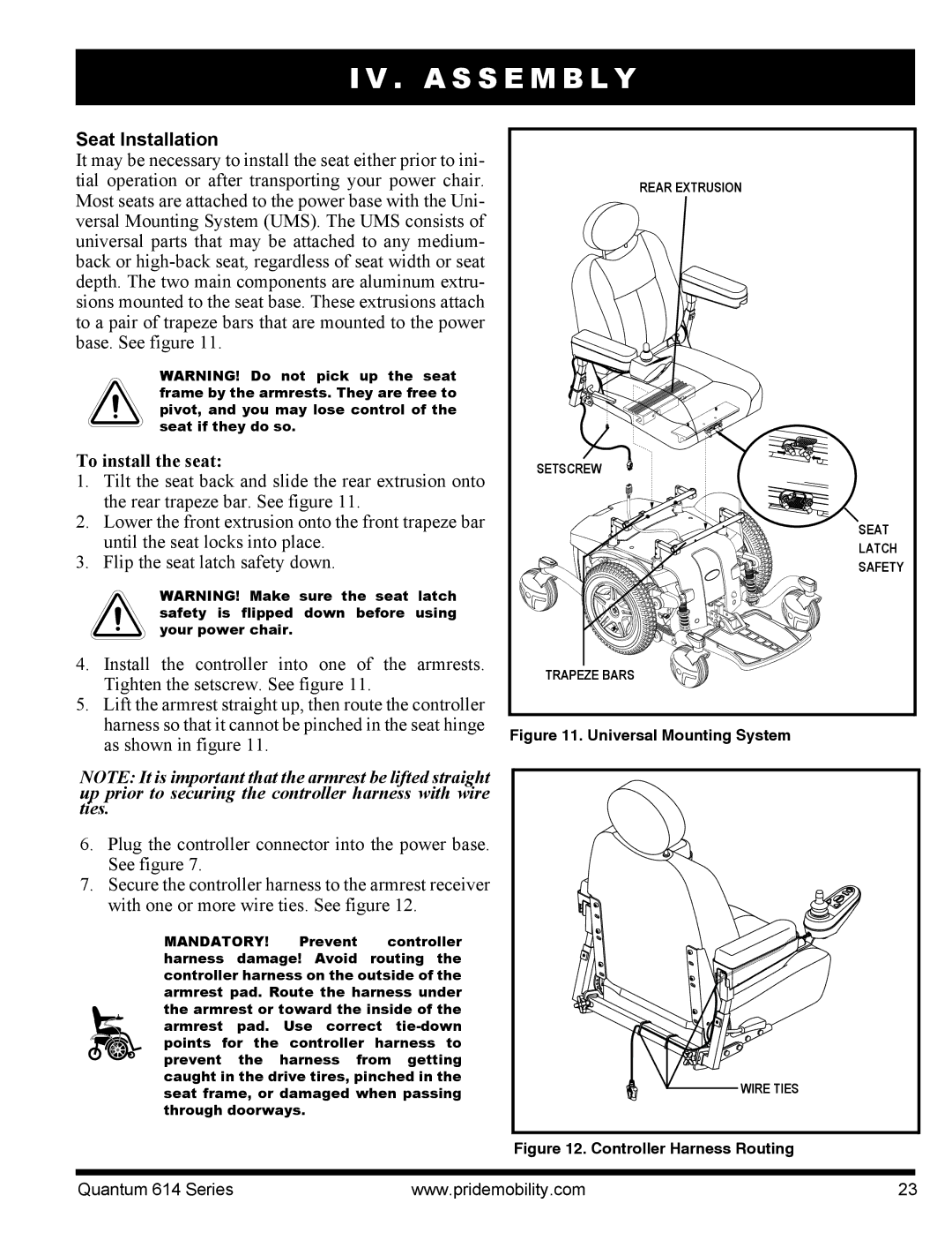 Pride Mobility 614 3SP, Quantum 614, 614 3MP manual Seat Installation, To install the seat 