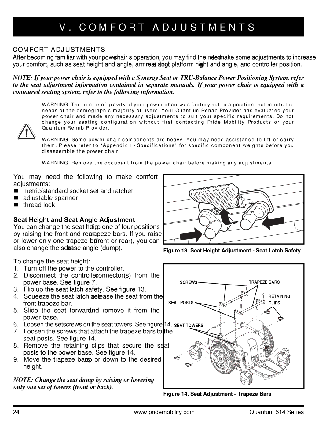 Pride Mobility Quantum 614 O M F O R T a D J U S T M E N T S, Comfort Adjustments, Seat Height and Seat Angle Adjustment 