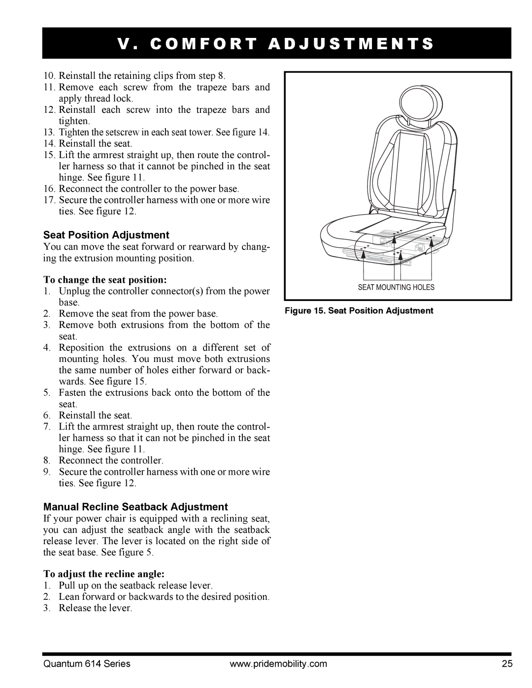 Pride Mobility 614 3S, 614 3MP Seat Position Adjustment, To change the seat position, Manual Recline Seatback Adjustment 