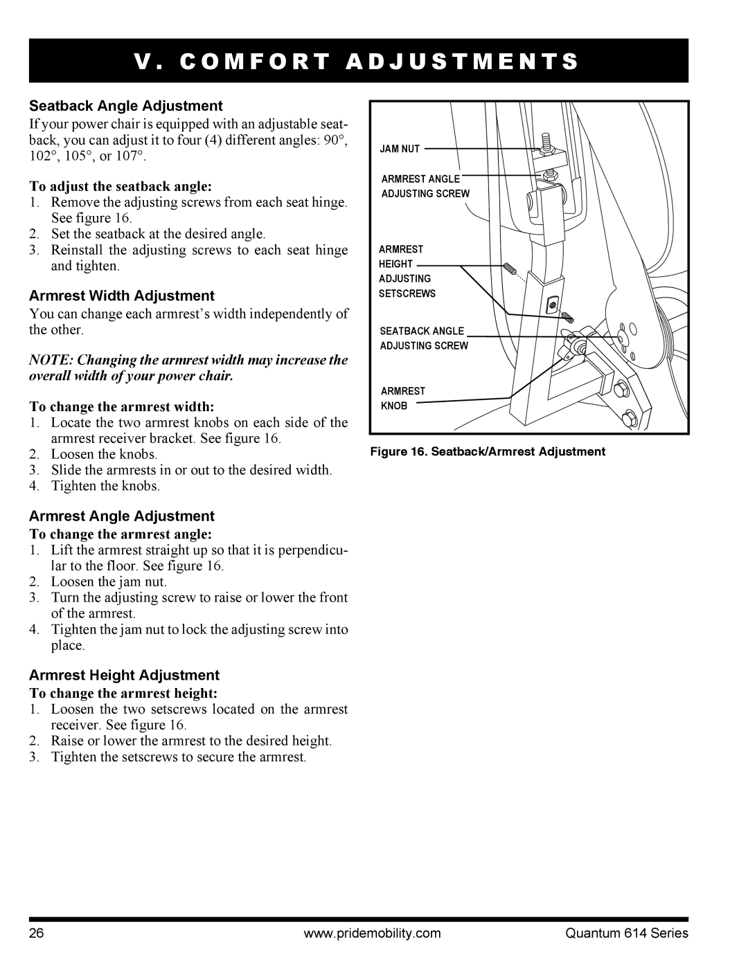 Pride Mobility 614 3MP, Quantum 614, 614 3S Seatback Angle Adjustment, Armrest Width Adjustment, Armrest Angle Adjustment 