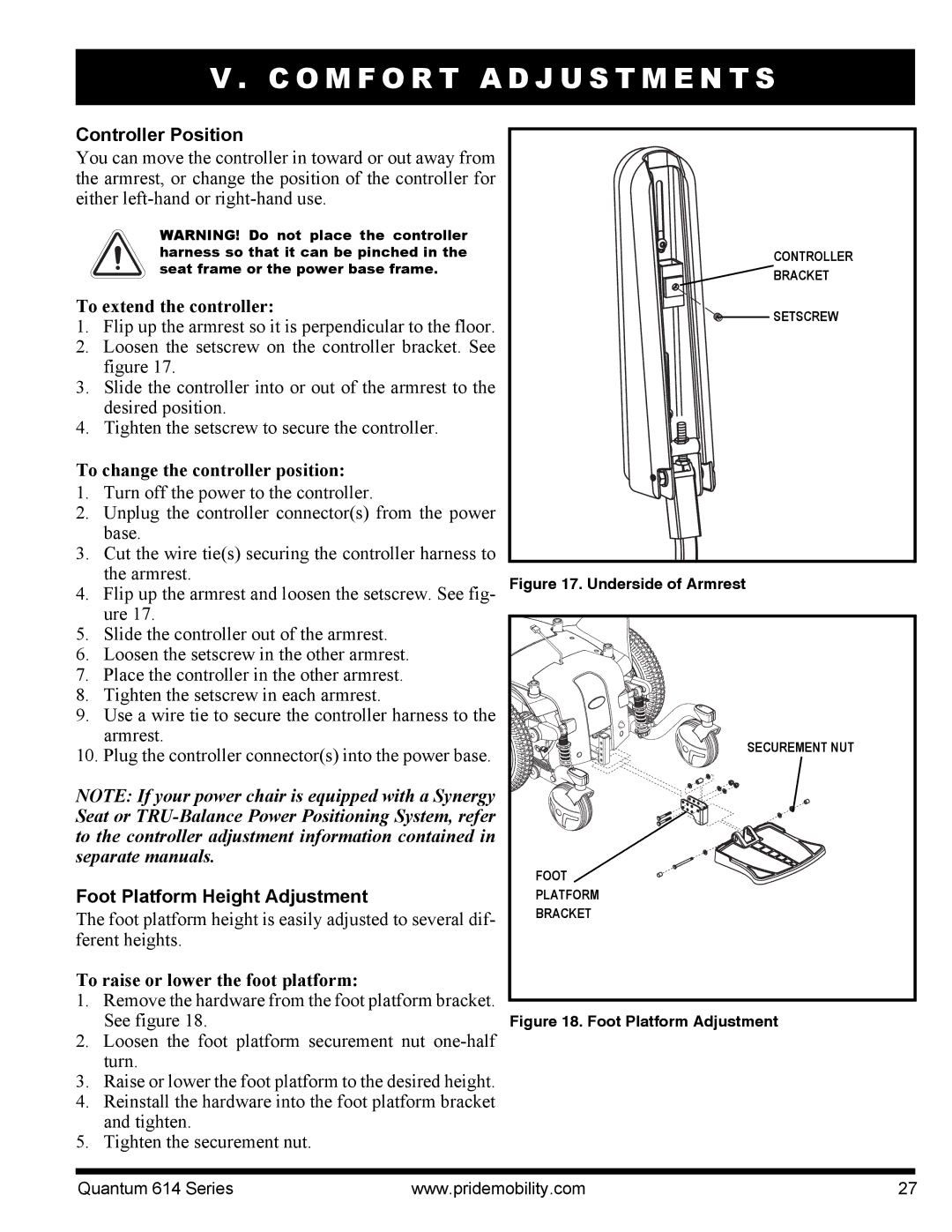 Pride Mobility 614 3SP, Quantum 614 manual Controller Position, To extend the controller, To change the controller position 