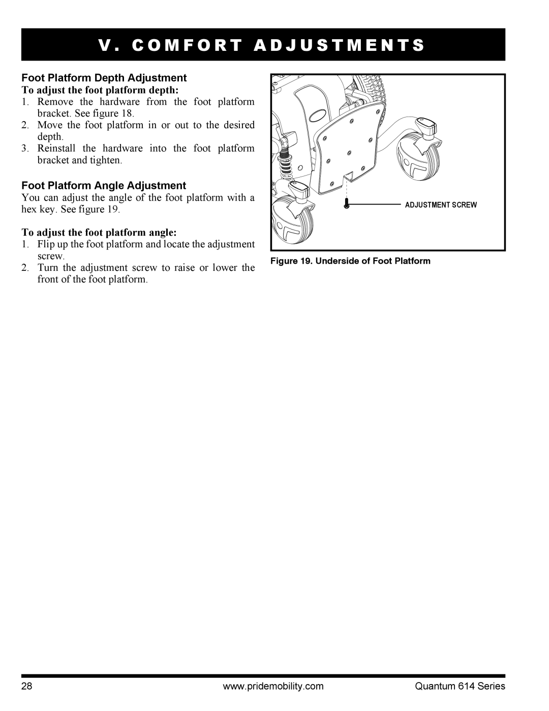 Pride Mobility Quantum 614, 614 3MP, 614 3SP manual Foot Platform Depth Adjustment, To adjust the foot platform depth 