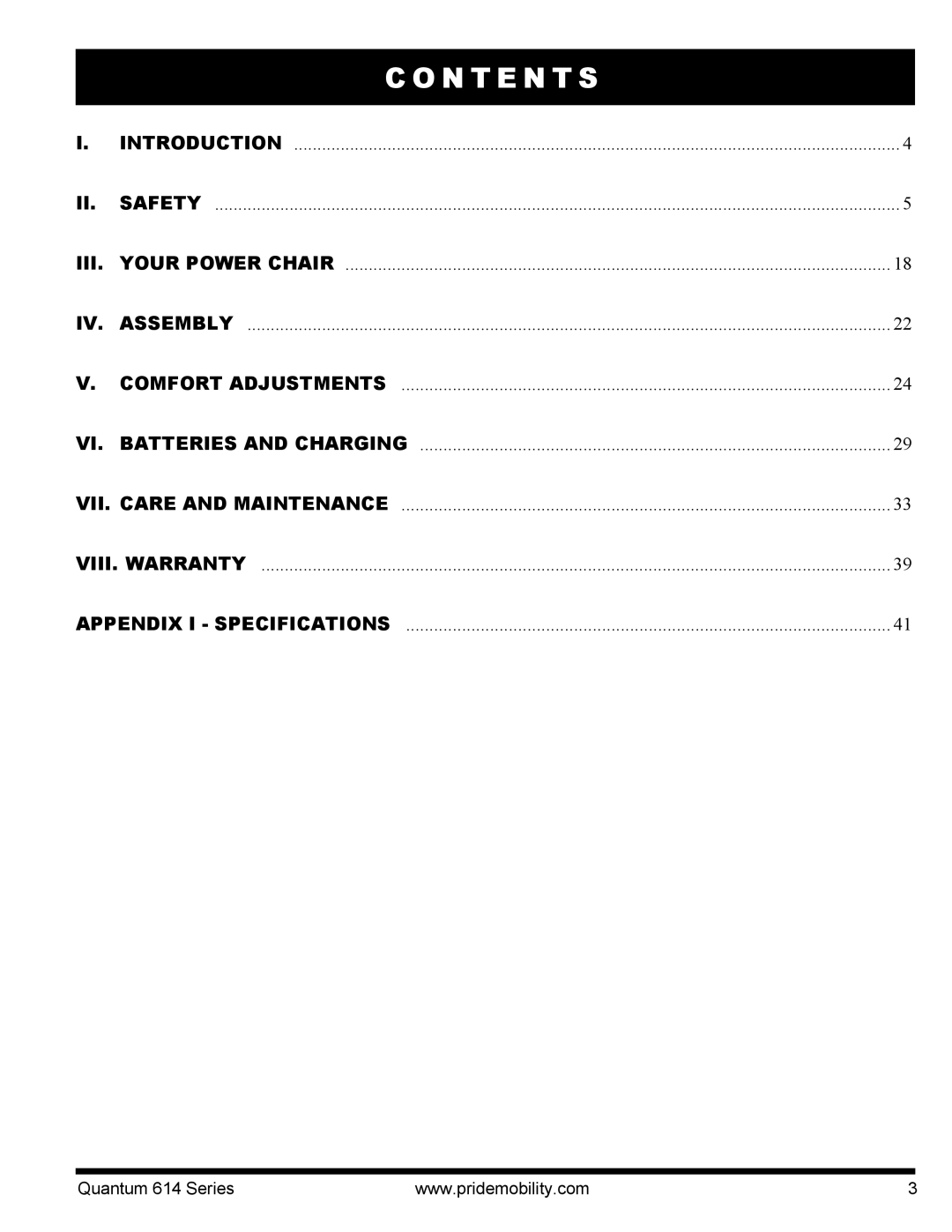 Pride Mobility 614 3SP, Quantum 614, 614 3MP manual N T E N T S, Iii 
