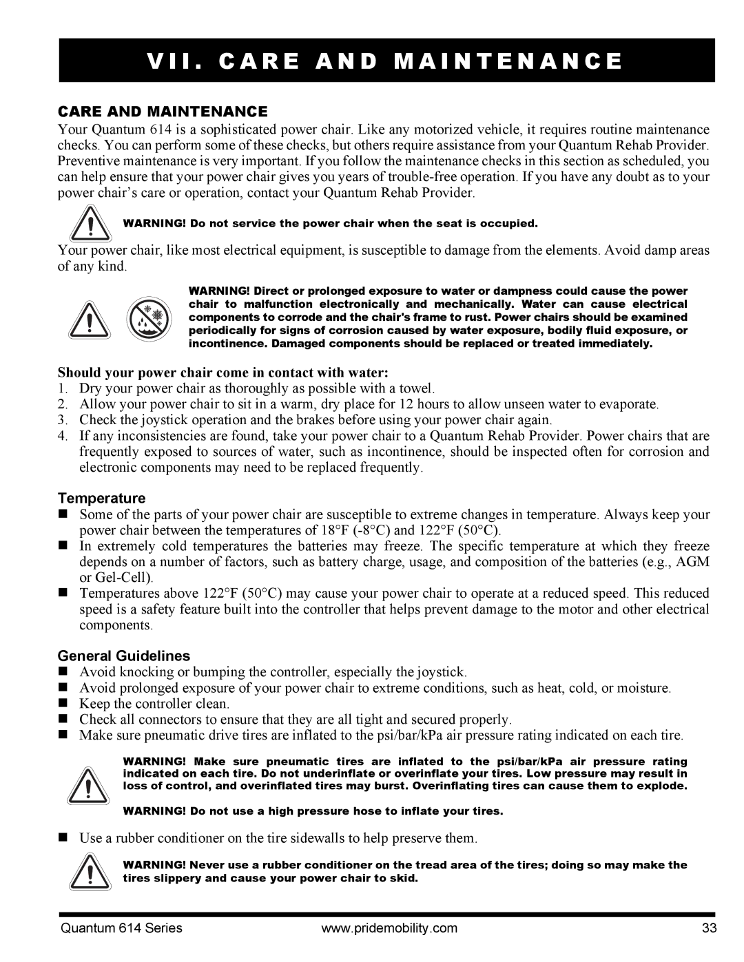 Pride Mobility 614 3S manual I . C a R E a N D M a I N T E N a N C E, Care and Maintenance, Temperature, General Guidelines 