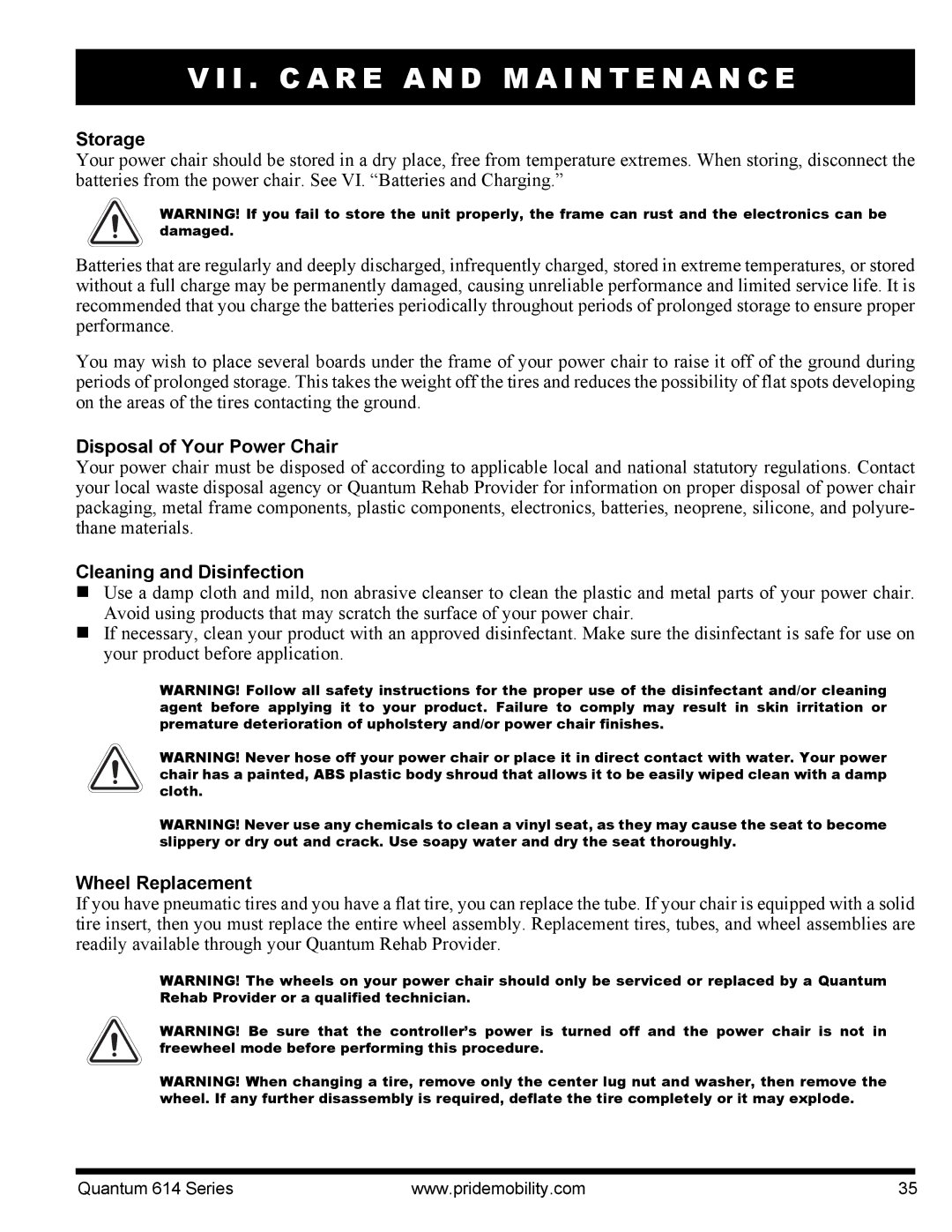 Pride Mobility 614 3SP, Quantum 614 Storage, Disposal of Your Power Chair, Cleaning and Disinfection, Wheel Replacement 