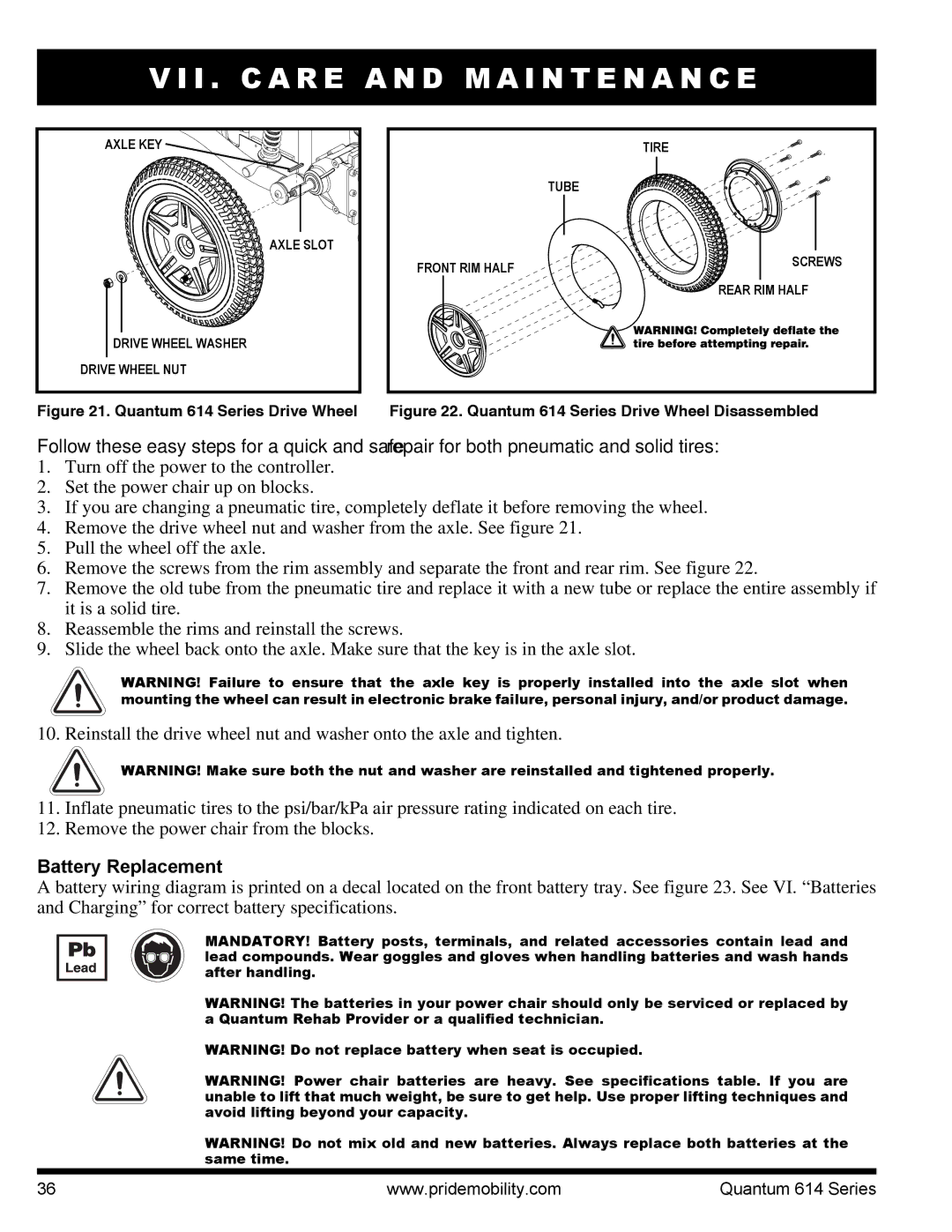 Pride Mobility Quantum 614, 614 3MP, 614 3SP manual D M a I N T E N a N C E, Battery Replacement 