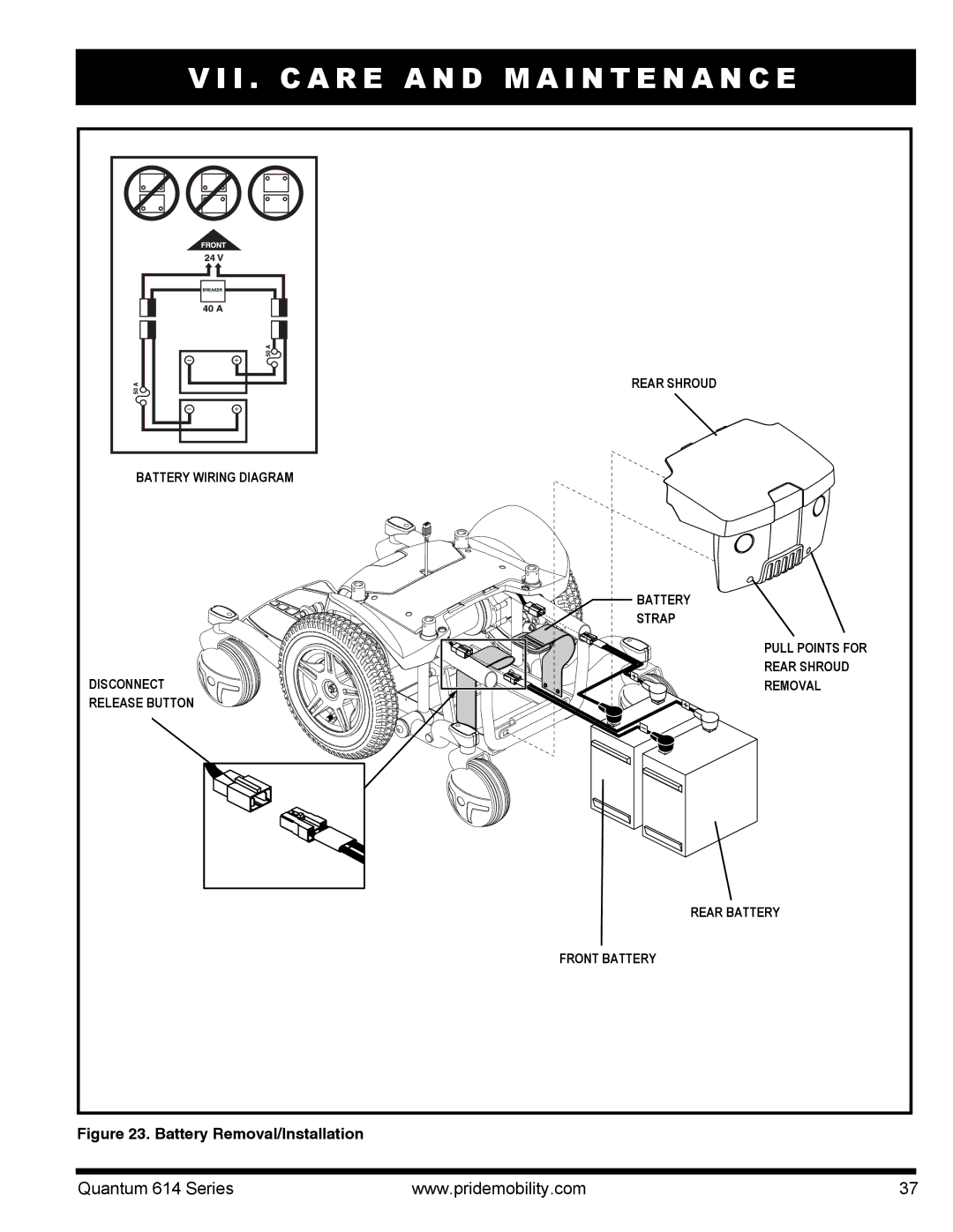 Pride Mobility Quantum 614, 614 3MP, 614 3SP manual Battery Removal/Installation 