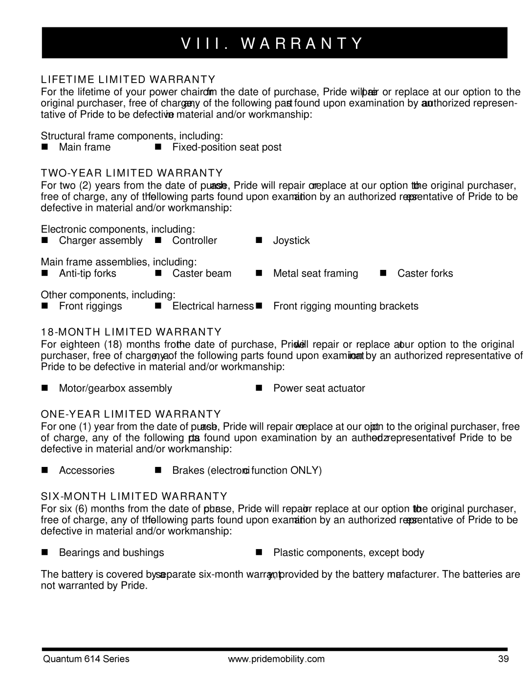 Pride Mobility 614 3SP, Quantum 614, 614 3MP manual I I . W a R R a N T Y 