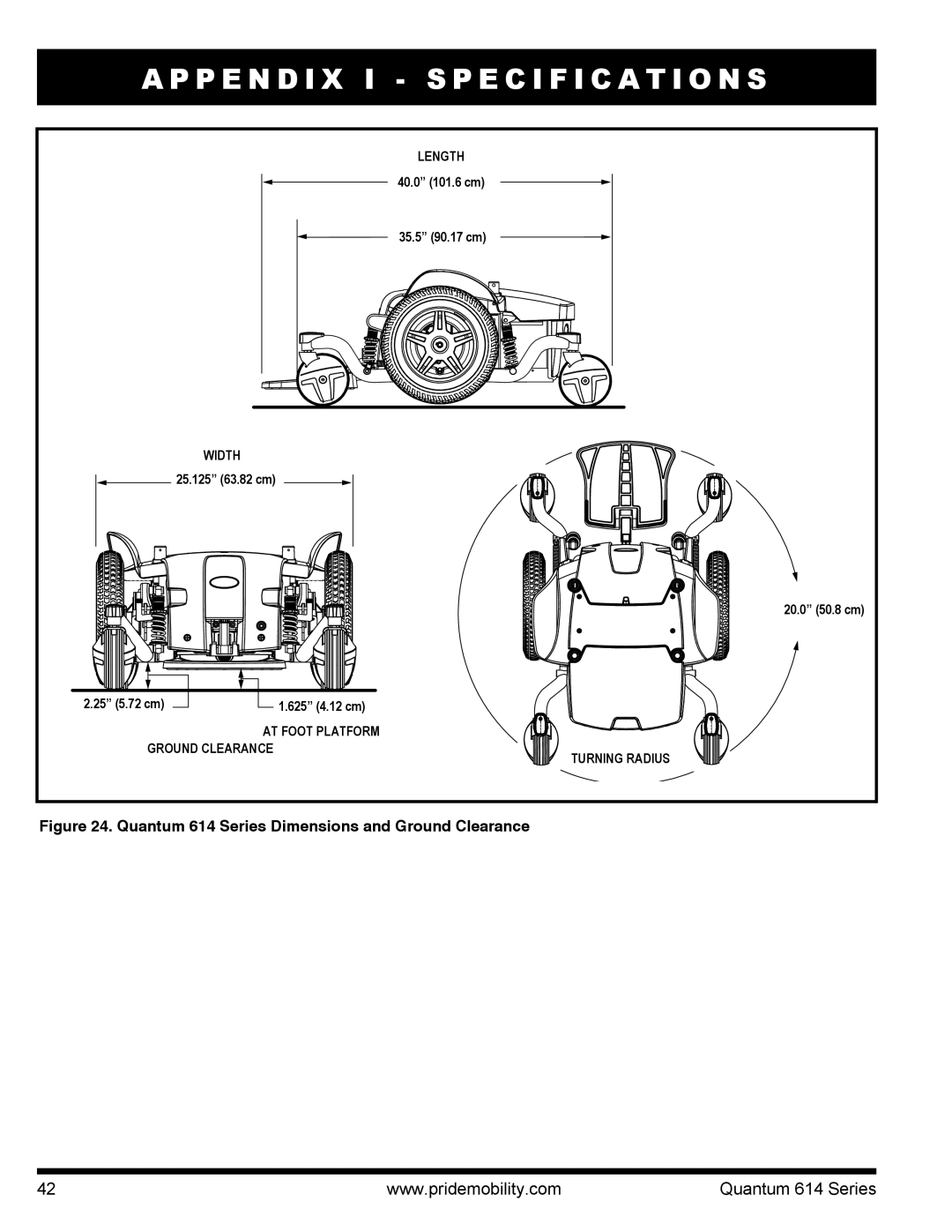 Pride Mobility 614 3MP, 614 3SP manual Quantum 614 Series Dimensions and Ground Clearance 