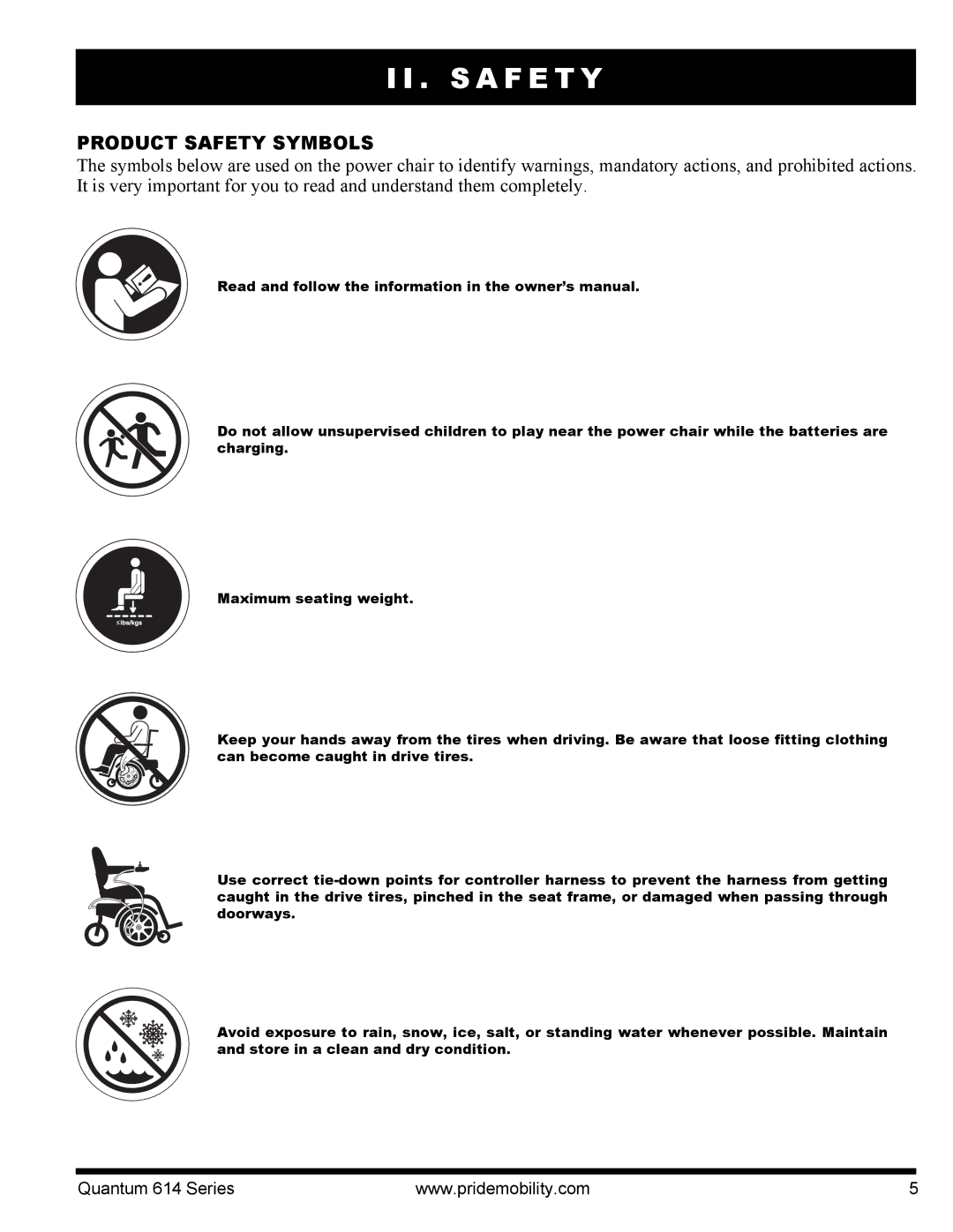 Pride Mobility Quantum 614, 614 3MP, 614 3SP manual S a F E T Y, Product Safety Symbols 