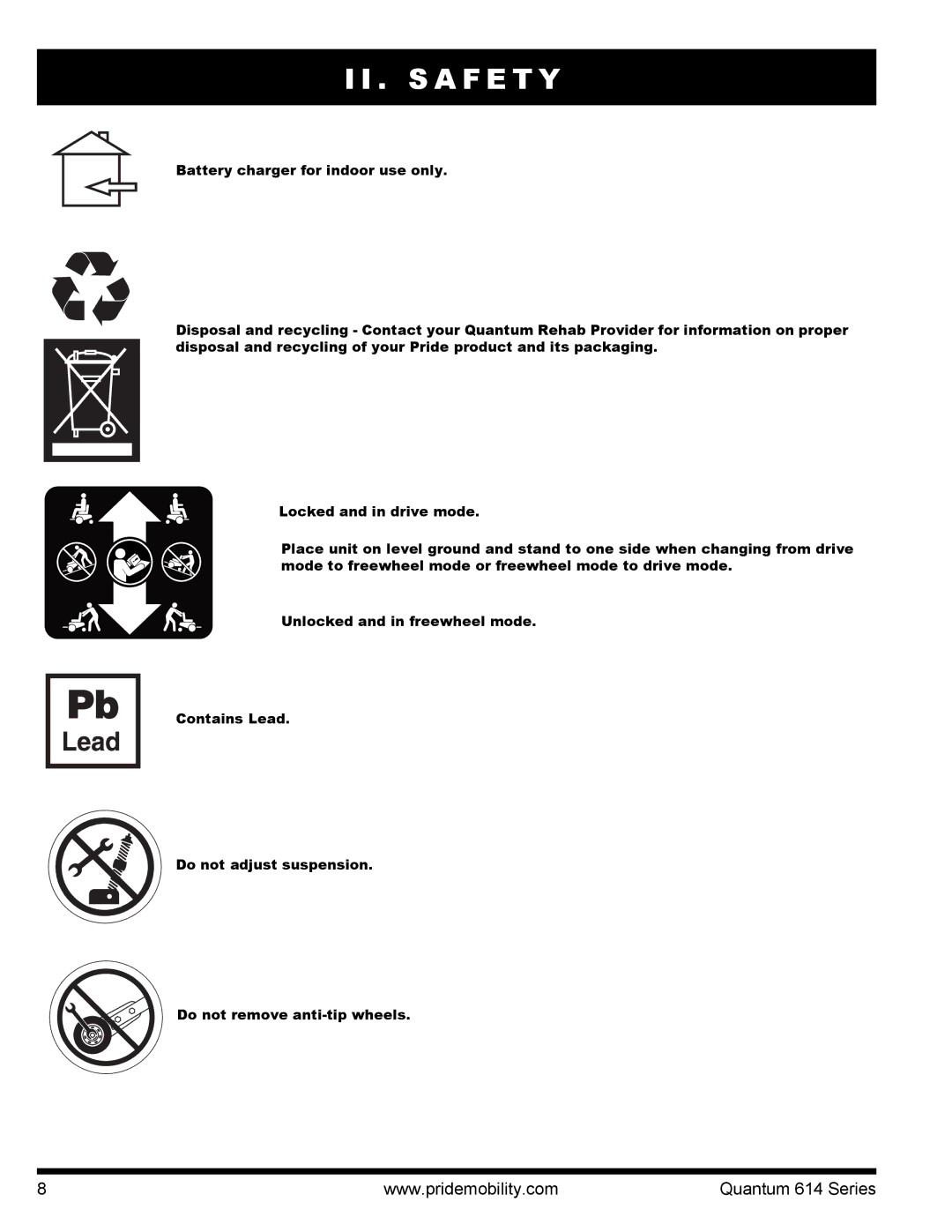 Pride Mobility Quantum 614, 614 3MP, 614 3SP manual S a F E T Y 
