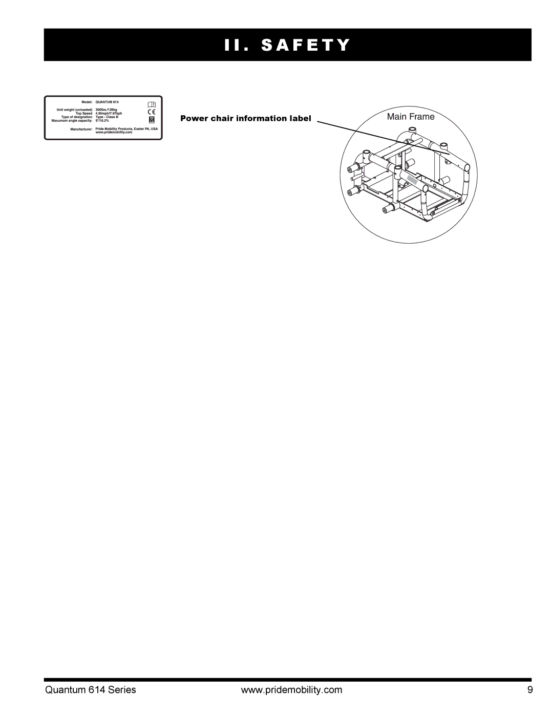 Pride Mobility Quantum 614, 614 3MP, 614 3SP manual Power chair information label 