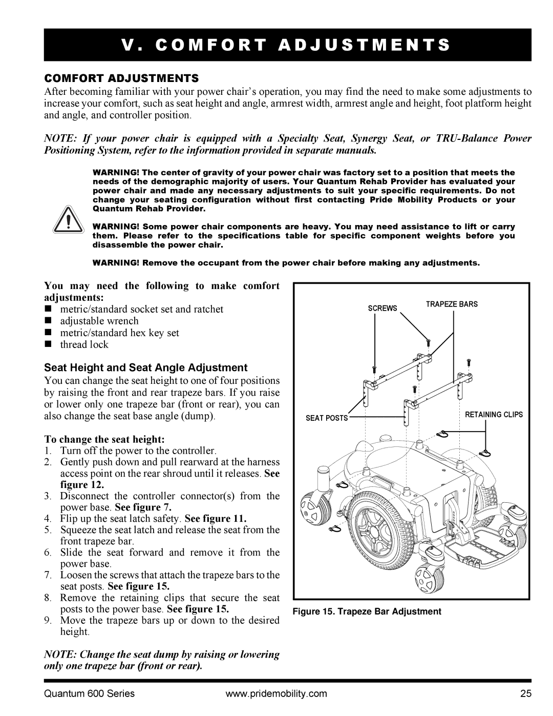 Pride Mobility Quantum 600 3S manual O M F O R T a D J U S T M E N T S, Comfort Adjustments, To change the seat height 