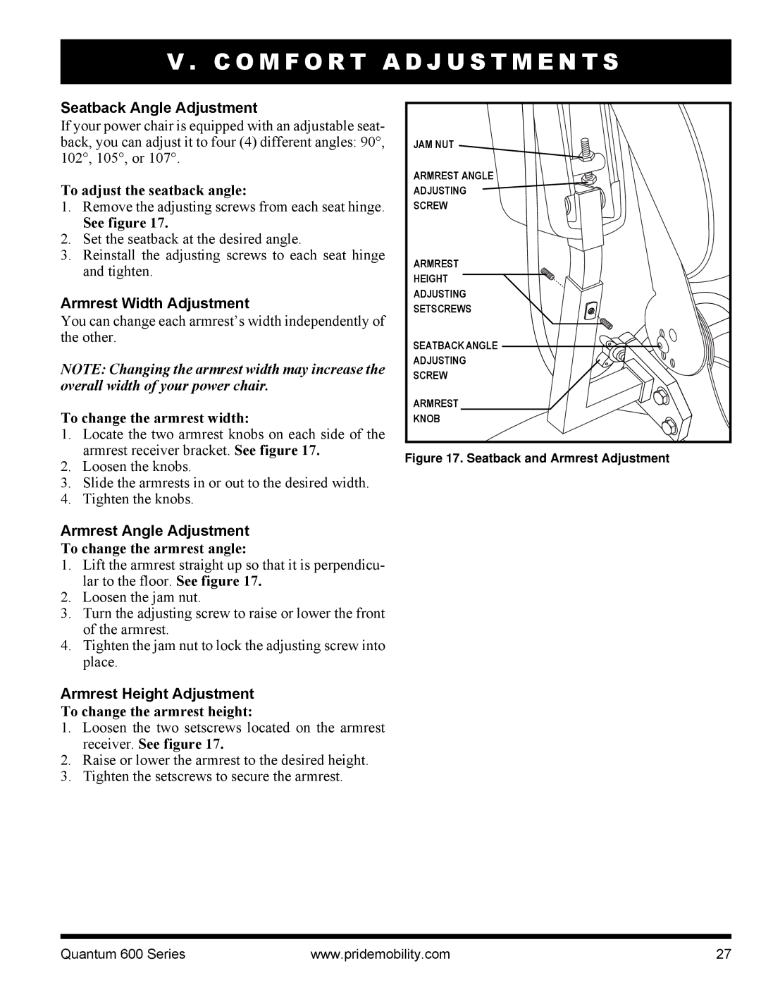 Pride Mobility Quantum 600 2MPHD manual Seatback Angle Adjustment, Armrest Width Adjustment, Armrest Angle Adjustment 