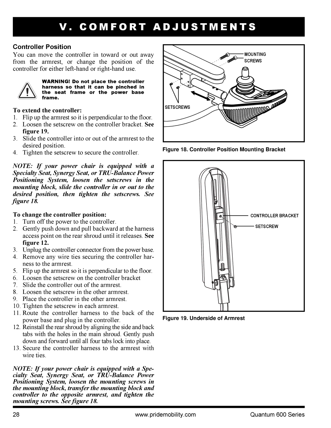 Pride Mobility Quantum 600 2MP manual Controller Position, To extend the controller, To change the controller position 