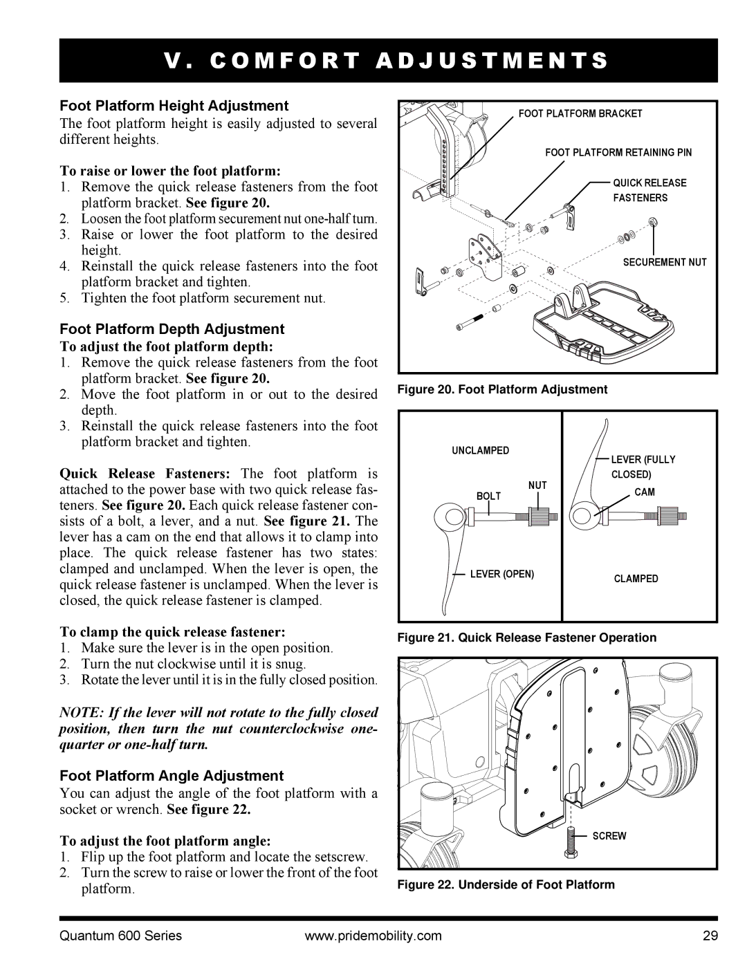 Pride Mobility Quantum 600 3SP, Quantum 640 4SP manual Foot Platform Height Adjustment, Foot Platform Depth Adjustment 